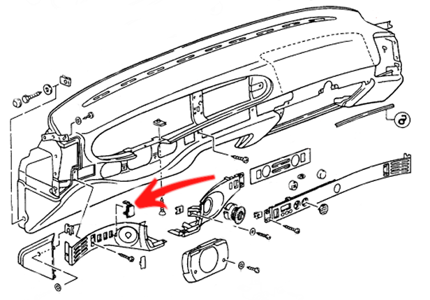 Exploded parts diagram of the 944 dash, with an arrow pointing to the switch blank's location in the switch bank