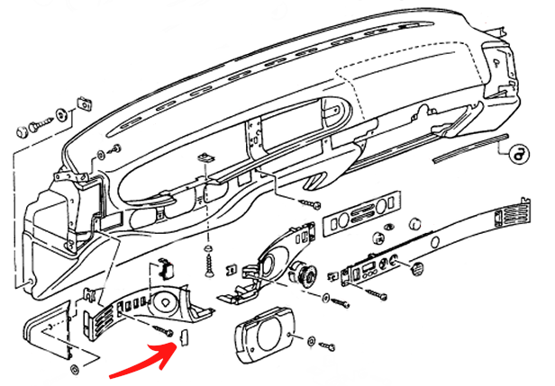 Exploded parts diagram of the 944 dash, with an arrow pointing to the dash screw cover's location